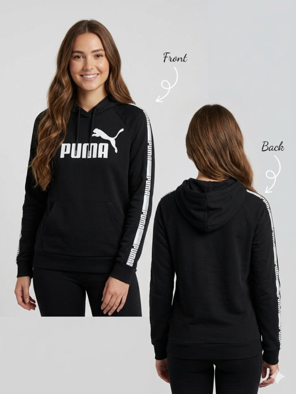 PUMA Women’s Amplified Logo Hoodie - Black/White Tape Sleeve Size S/P Y2K/Retro